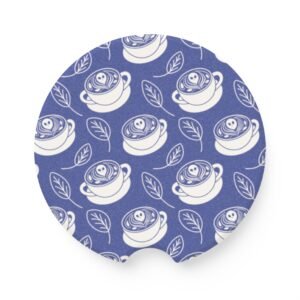Charming Soapstone Car Coaster - Cute Latte Coffee Cup, Ghosts, Leaves Pattern - Perfect for Coffee Lovers, Gift for New Car Owners, Seasonal Decor