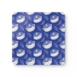Corkwood Coaster Set – Latte Coffe Cups, Ghosts, Leaves Pattern - Blue and White - Perfect for Home or Gifts