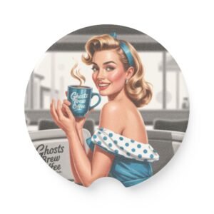 Charming Soapstone Car Coaster - Retro Diner Cutie Drinking Ghosts Brew - Perfect for Coffee Lovers, Gift for New Car Owners, Seasonal Decor