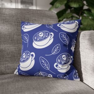 Square Pillowcase - Latte Coffee Cups, Ghosts, Leaves Pattern - Blue and White - For Coffee Lovers