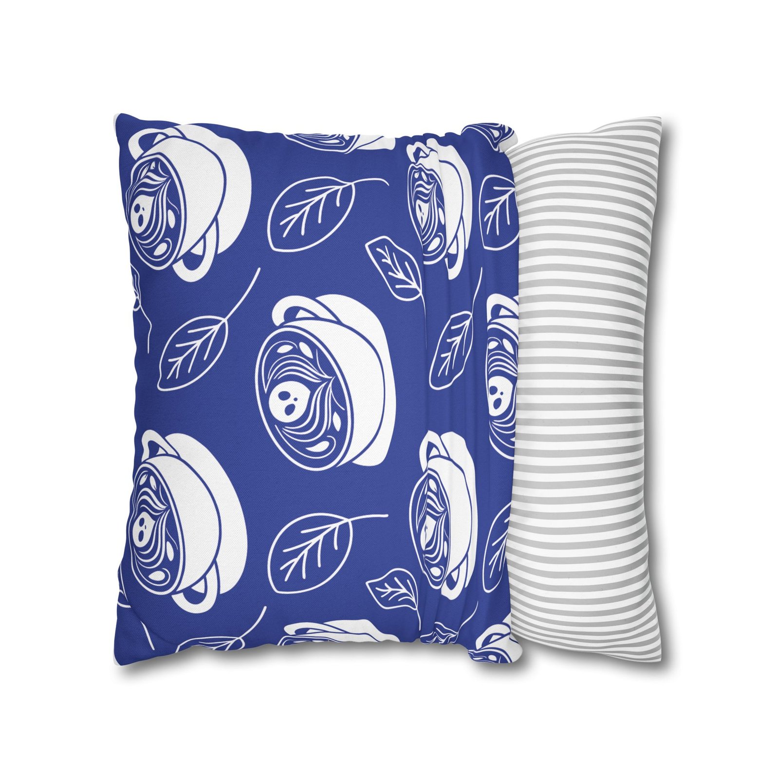 Square Pillowcase - Latte Coffee Cups, Ghosts, Leaves Pattern - Blue and White - For Coffee Lovers - Image 8