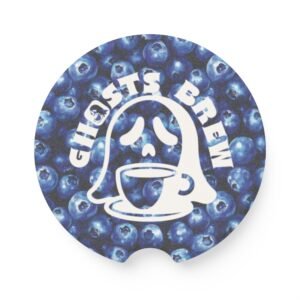 Charming Soapstone Car Coaster - Ghosts Brew Blueberries - Perfect for Coffee Lovers, Gift for New Car Owners, Seasonal Decor.