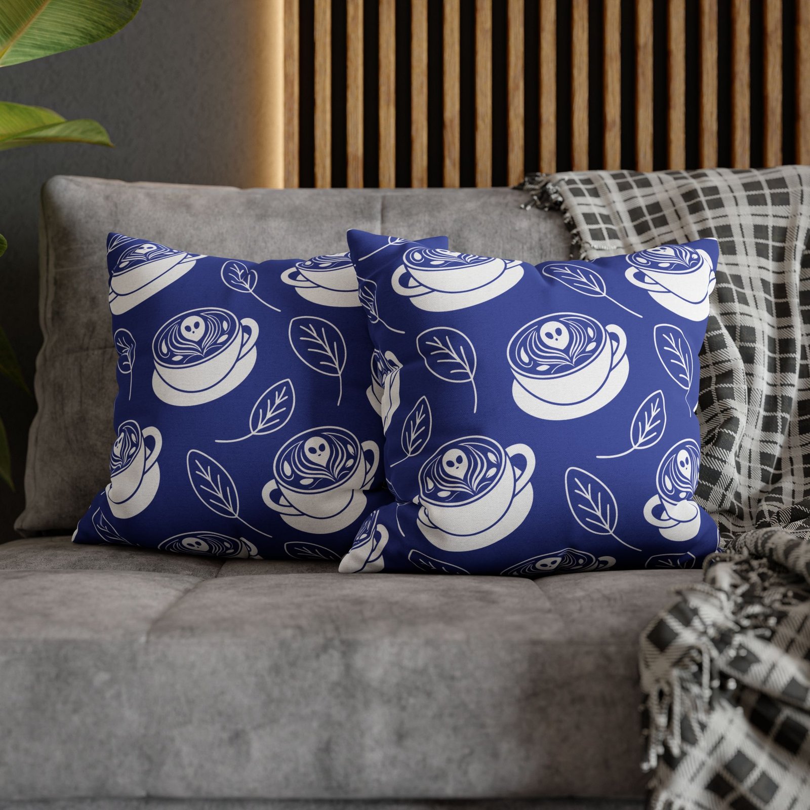 Square Pillowcase - Latte Coffee Cups, Ghosts, Leaves Pattern - Blue and White - For Coffee Lovers - Image 5