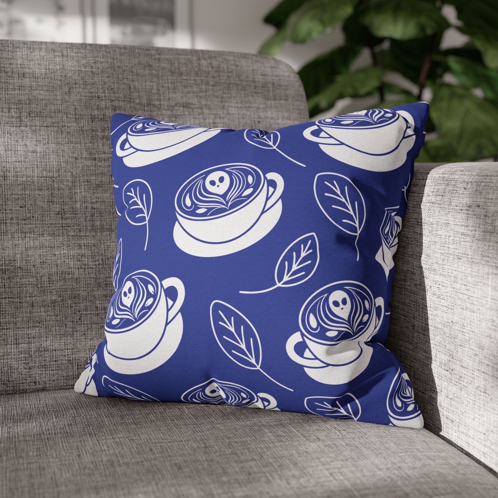 Square Pillowcase - Latte Coffee Cups, Ghosts, Leaves Pattern - Blue and White - For Coffee Lovers