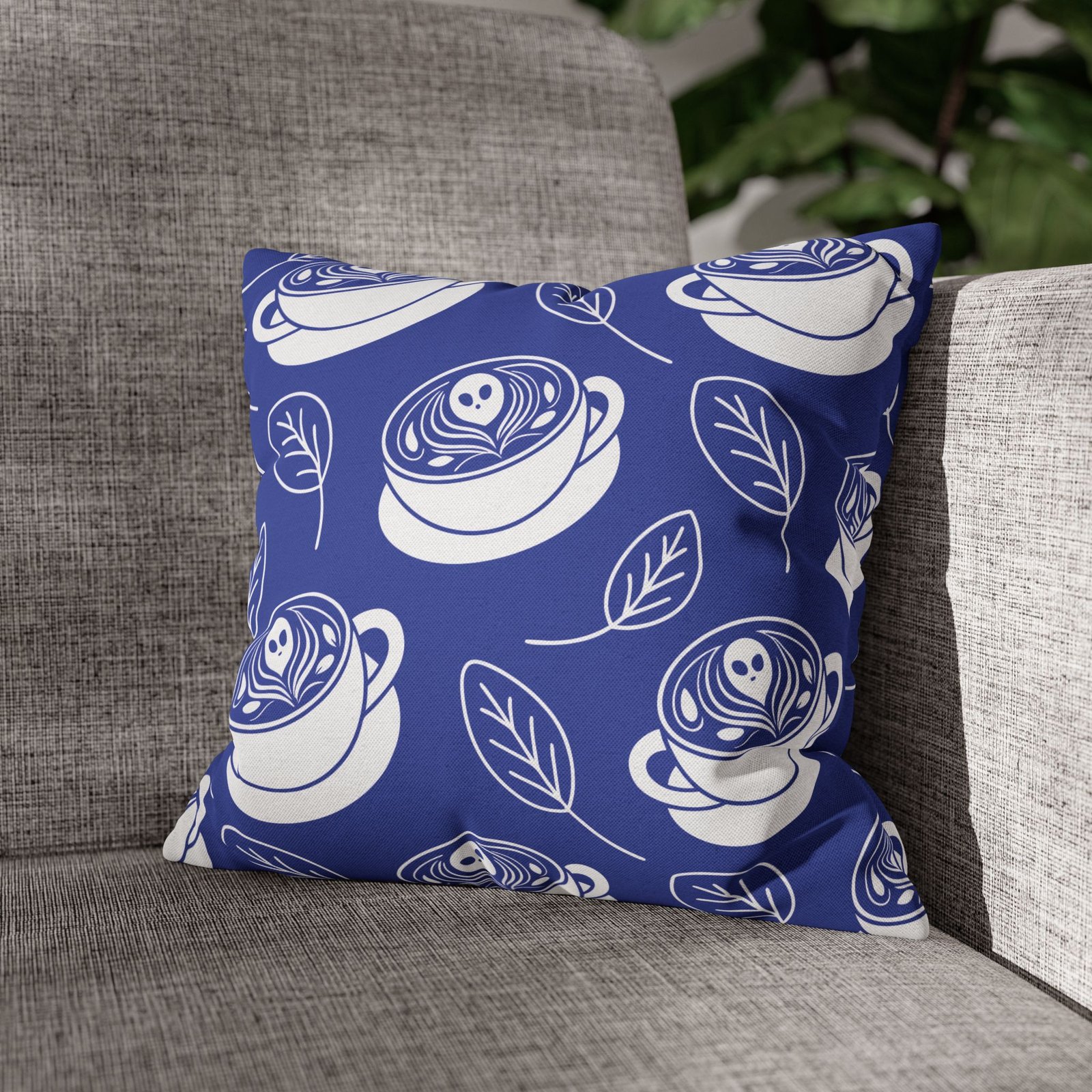 Square Pillowcase - Latte Coffee Cups, Ghosts, Leaves Pattern - Blue and White - For Coffee Lovers - Image 7