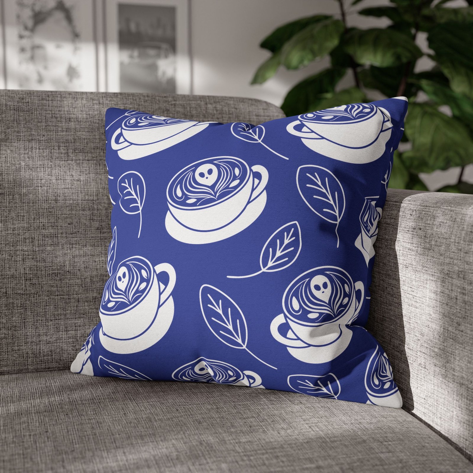 Square Pillowcase - Latte Coffee Cups, Ghosts, Leaves Pattern - Blue and White - For Coffee Lovers - Image 4