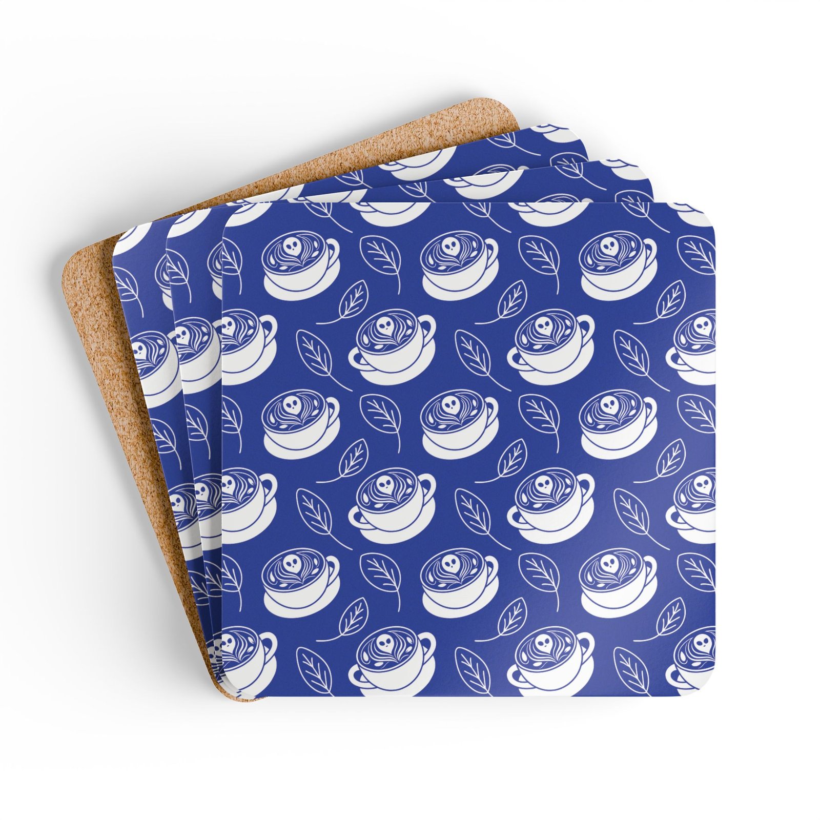 Corkwood Coaster Set – Latte Coffe Cups, Ghosts, Leaves Pattern - Blue and White - Perfect for Home or Gifts - Image 5