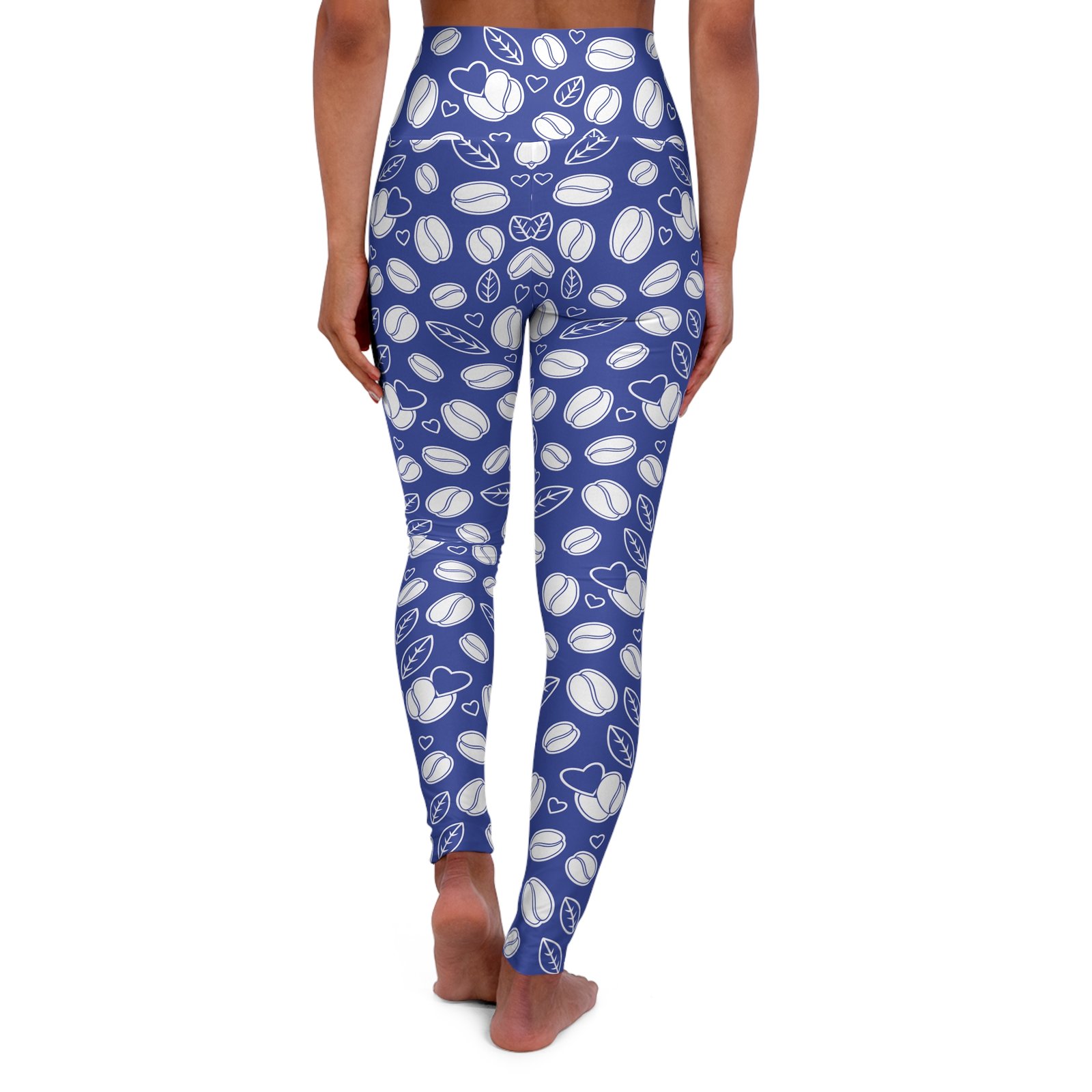 Coffee Lover High Waisted Yoga Leggings - Trendy Workout Pants - Coffee Beans and Hearts Pattern - Image 2