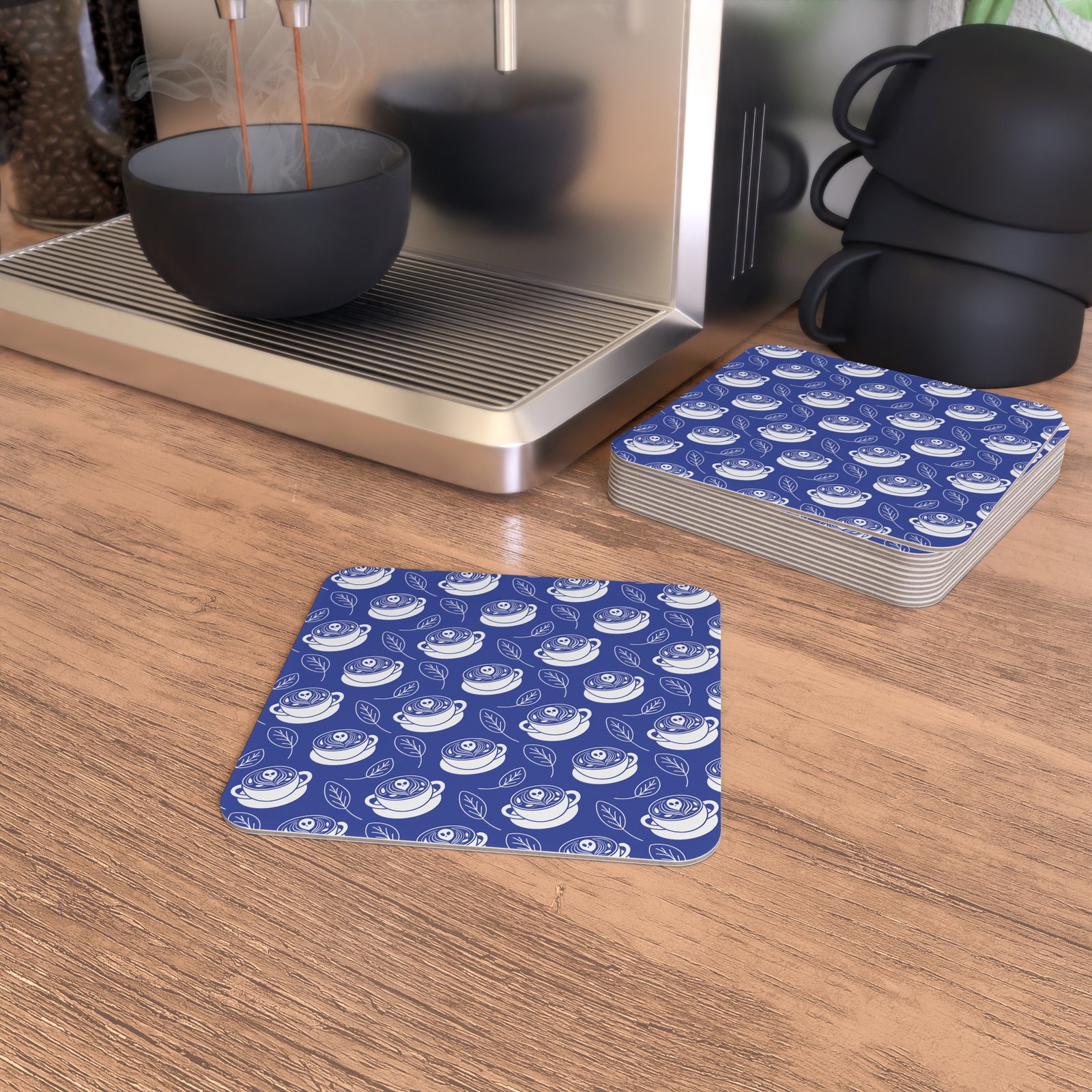 Coasters - Set of 50/100 - Latte Coffee Cups, Ghosts, Leaves Pattern - Blue and White - Perfect for Home Decor & Gifting - Image 10