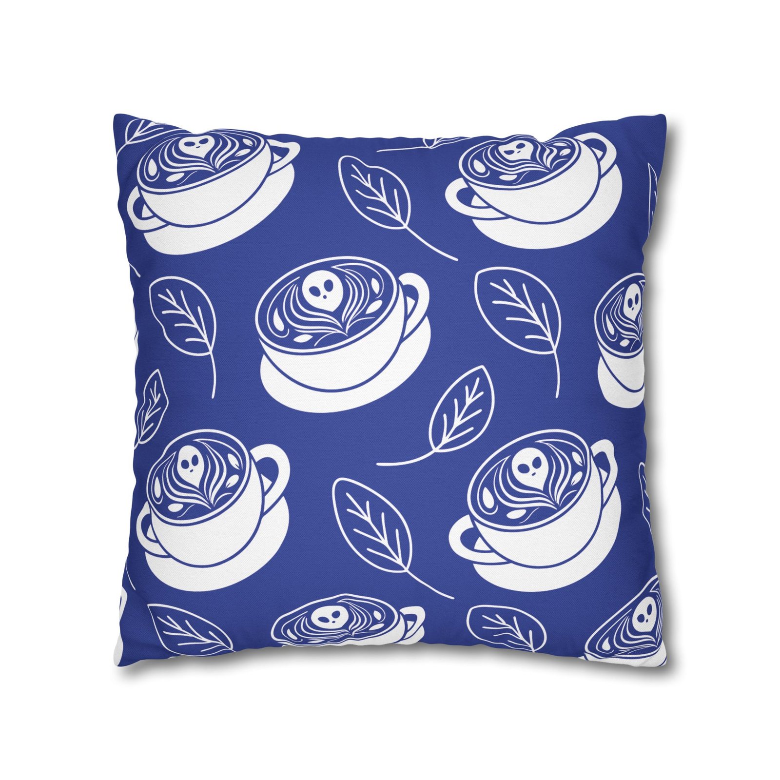 Square Pillowcase - Latte Coffee Cups, Ghosts, Leaves Pattern - Blue and White - For Coffee Lovers - Image 10