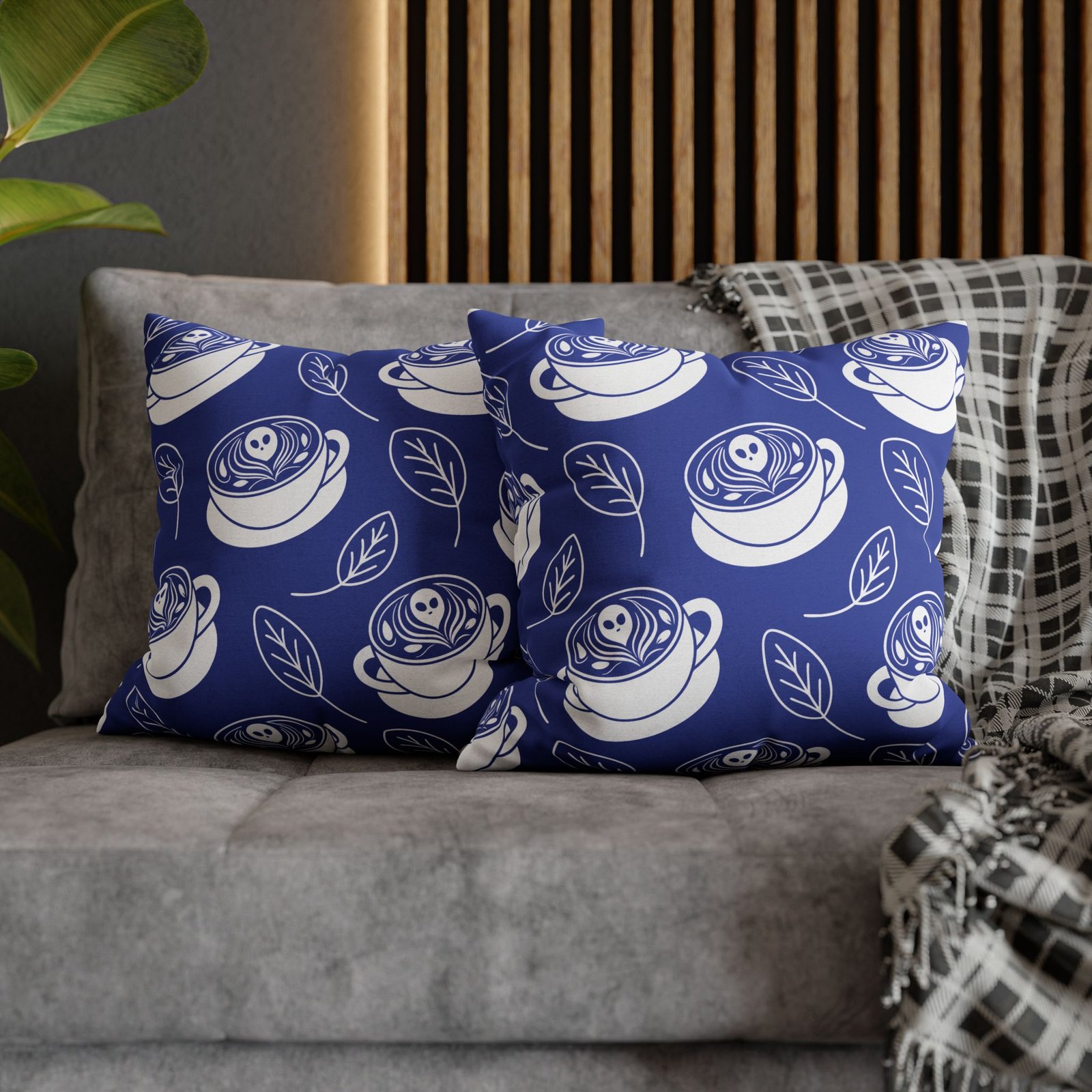 Square Pillowcase - Latte Coffee Cups, Ghosts, Leaves Pattern - Blue and White - For Coffee Lovers - Image 12