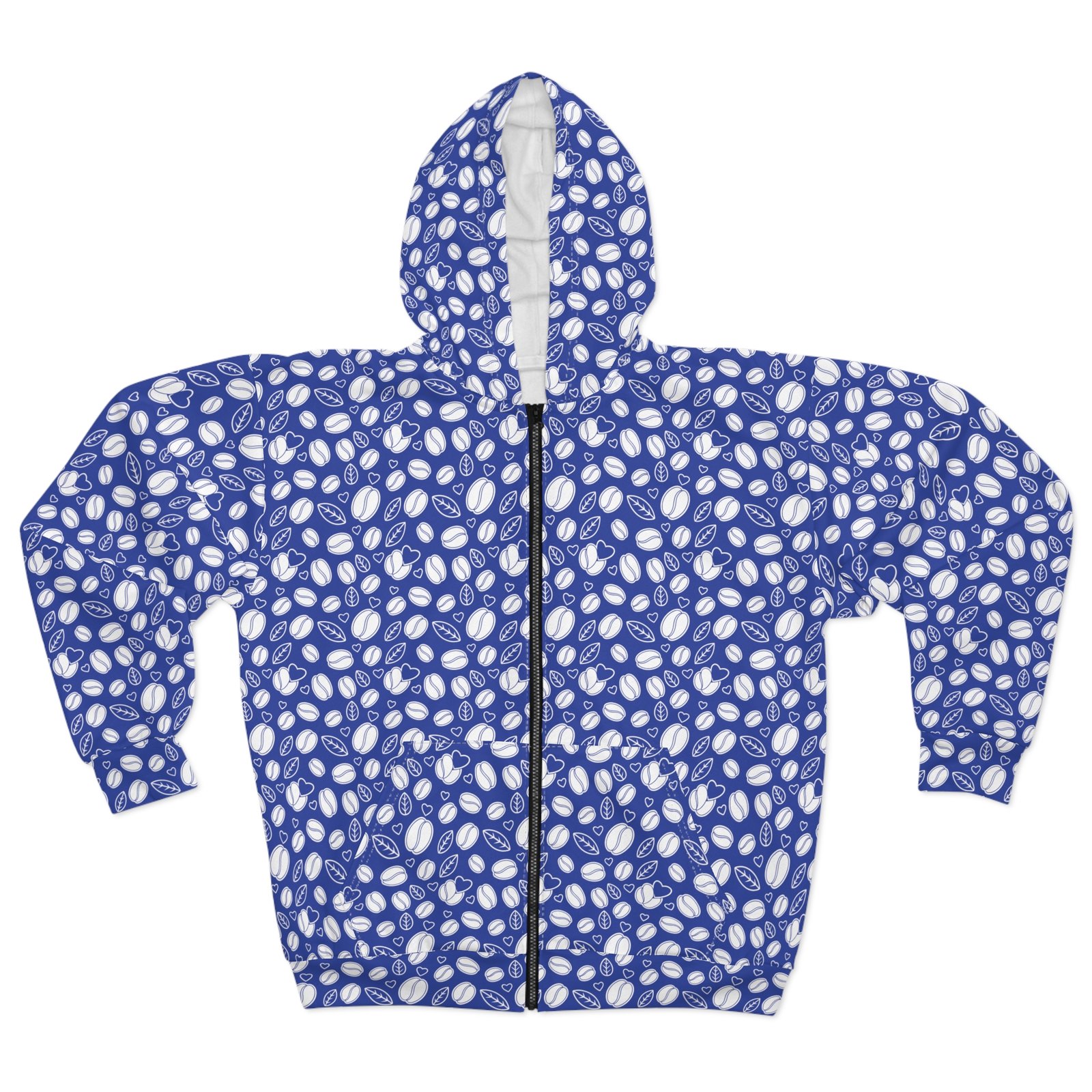 Cozy Unisex Zip Hoodie with Stylish Coffee Beans and Hearts Pattern - Perfect for Any Occasion - Image 2