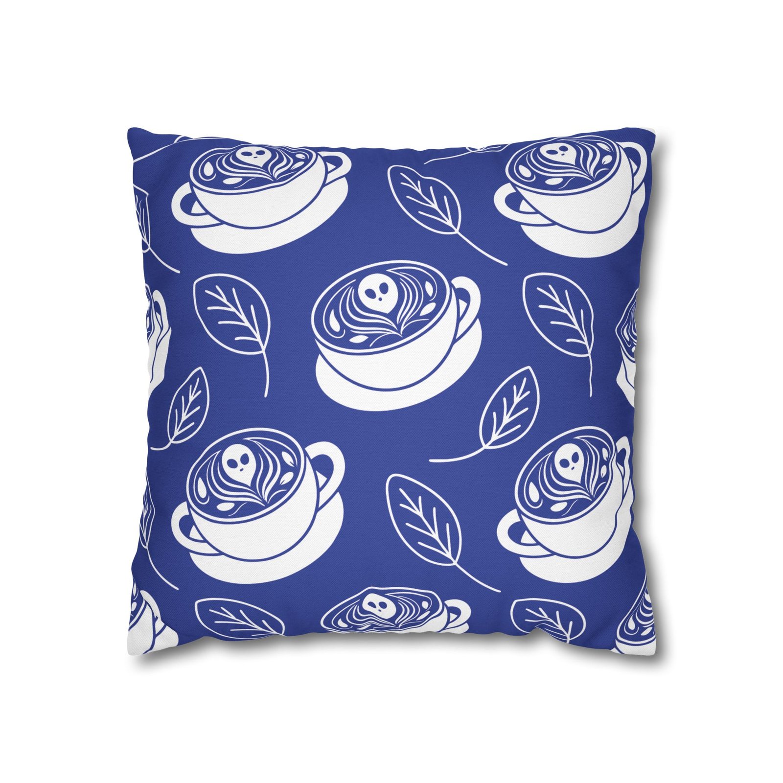 Square Pillowcase - Latte Coffee Cups, Ghosts, Leaves Pattern - Blue and White - For Coffee Lovers - Image 3