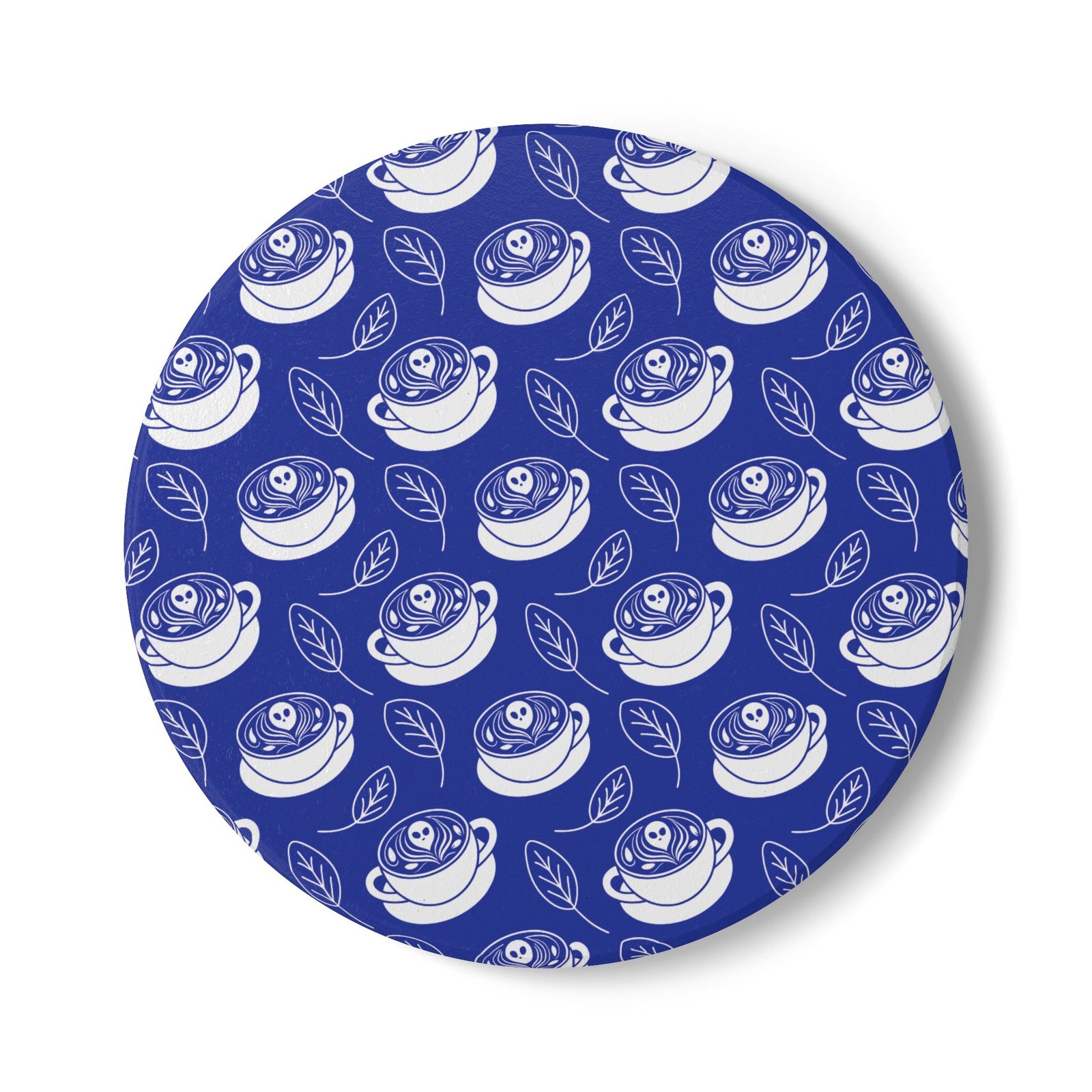 Whimsical Coffee & Tea Ceramic Coaster - Latte Coffee Cups, Ghosts, Leaves Pattern - Perfect for Home & Gifts