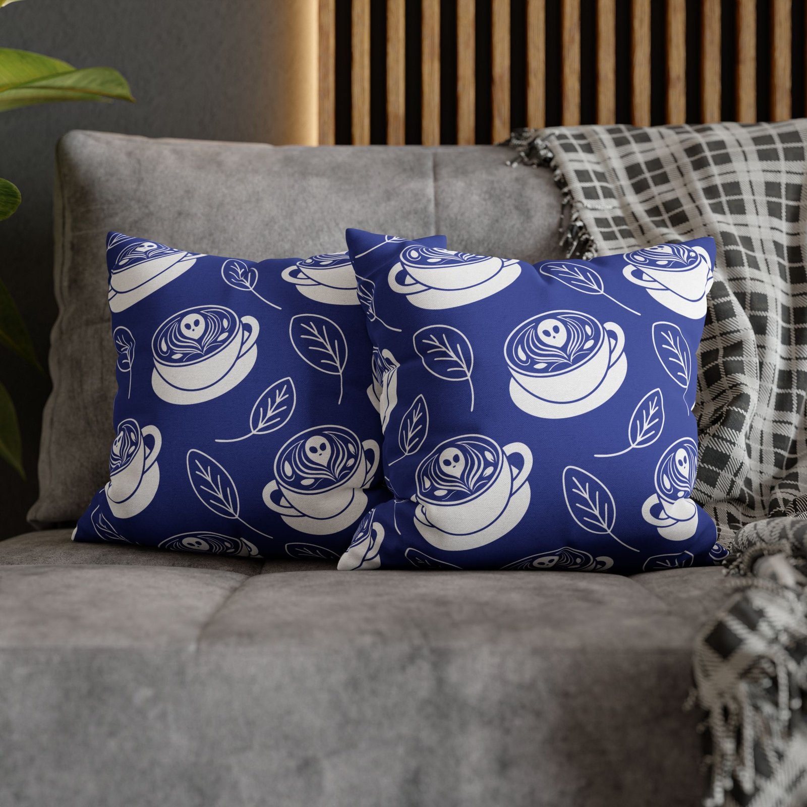 Square Pillowcase - Latte Coffee Cups, Ghosts, Leaves Pattern - Blue and White - For Coffee Lovers - Image 6