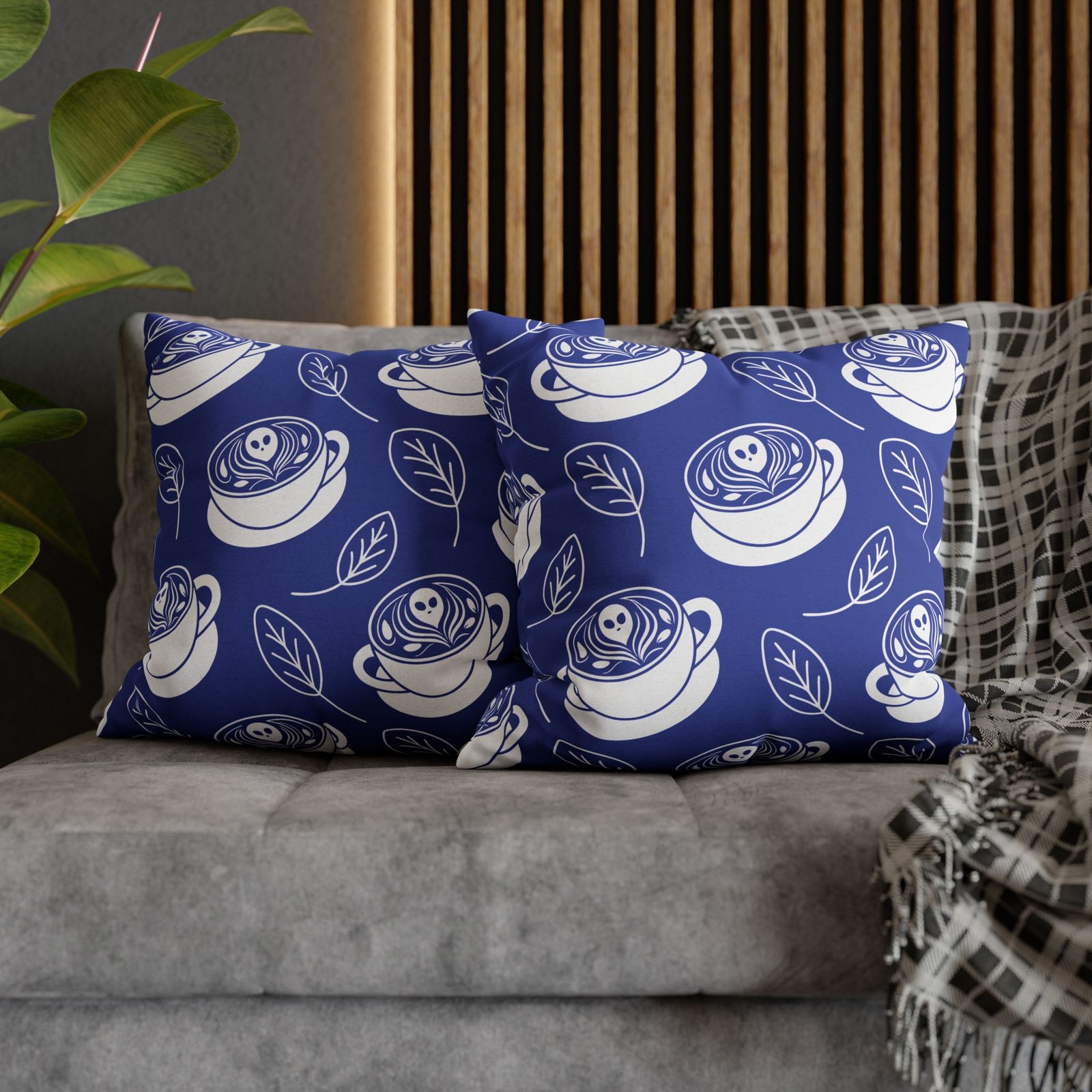 Square Pillowcase - Latte Coffee Cups, Ghosts, Leaves Pattern - Blue and White - For Coffee Lovers - Image 13
