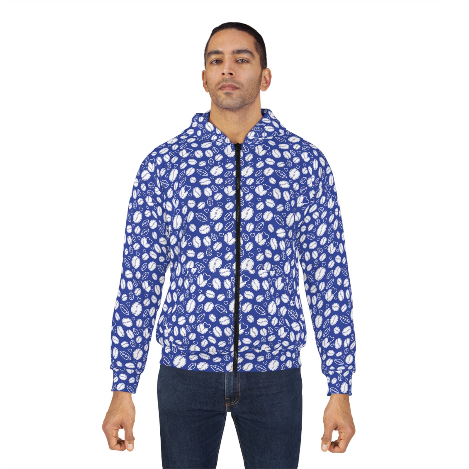 Cozy Unisex Zip Hoodie with Stylish Coffee Beans and Hearts Pattern - Perfect for Any Occasion - Image 5
