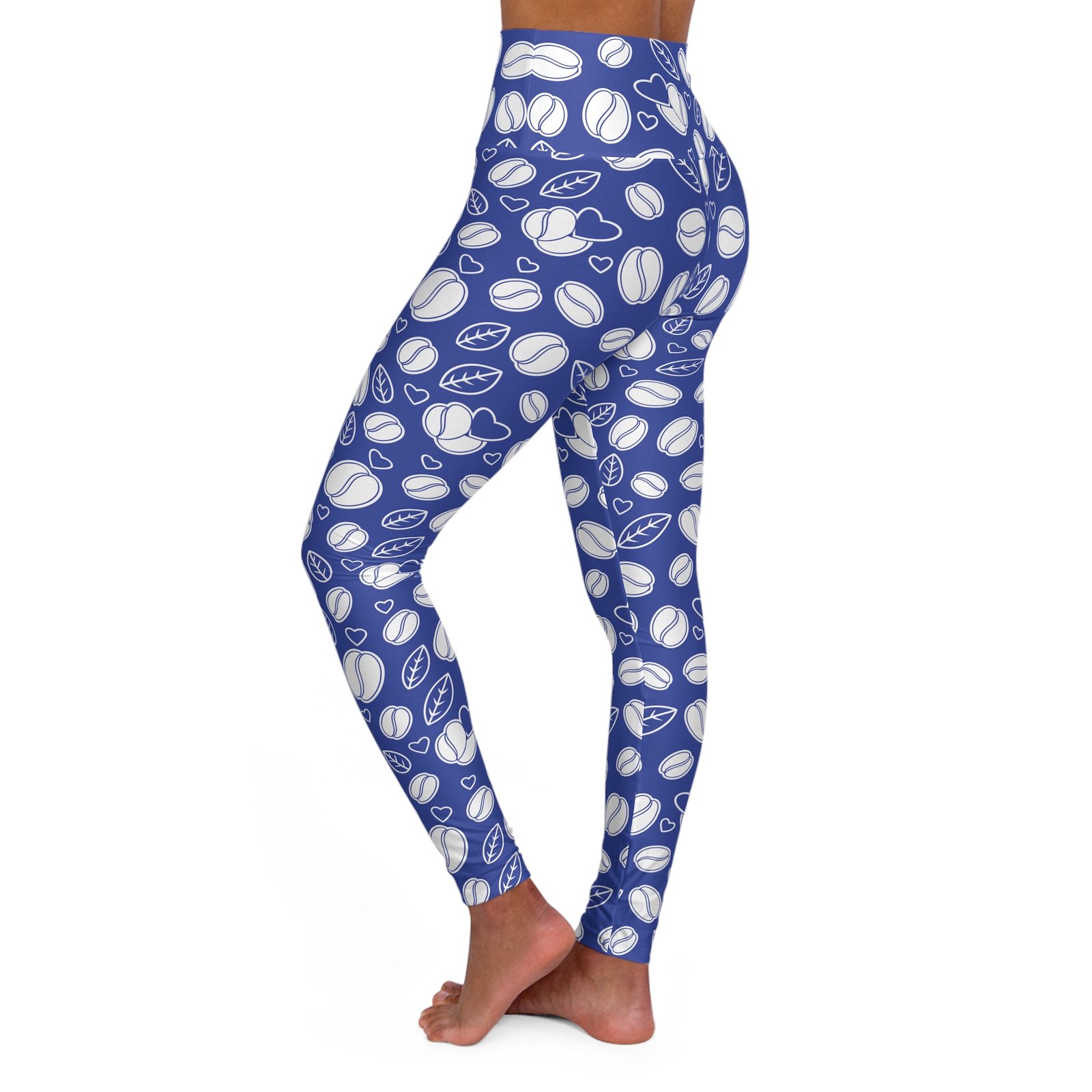 Coffee Lover High Waisted Yoga Leggings - Trendy Workout Pants - Coffee Beans and Hearts Pattern - Image 3