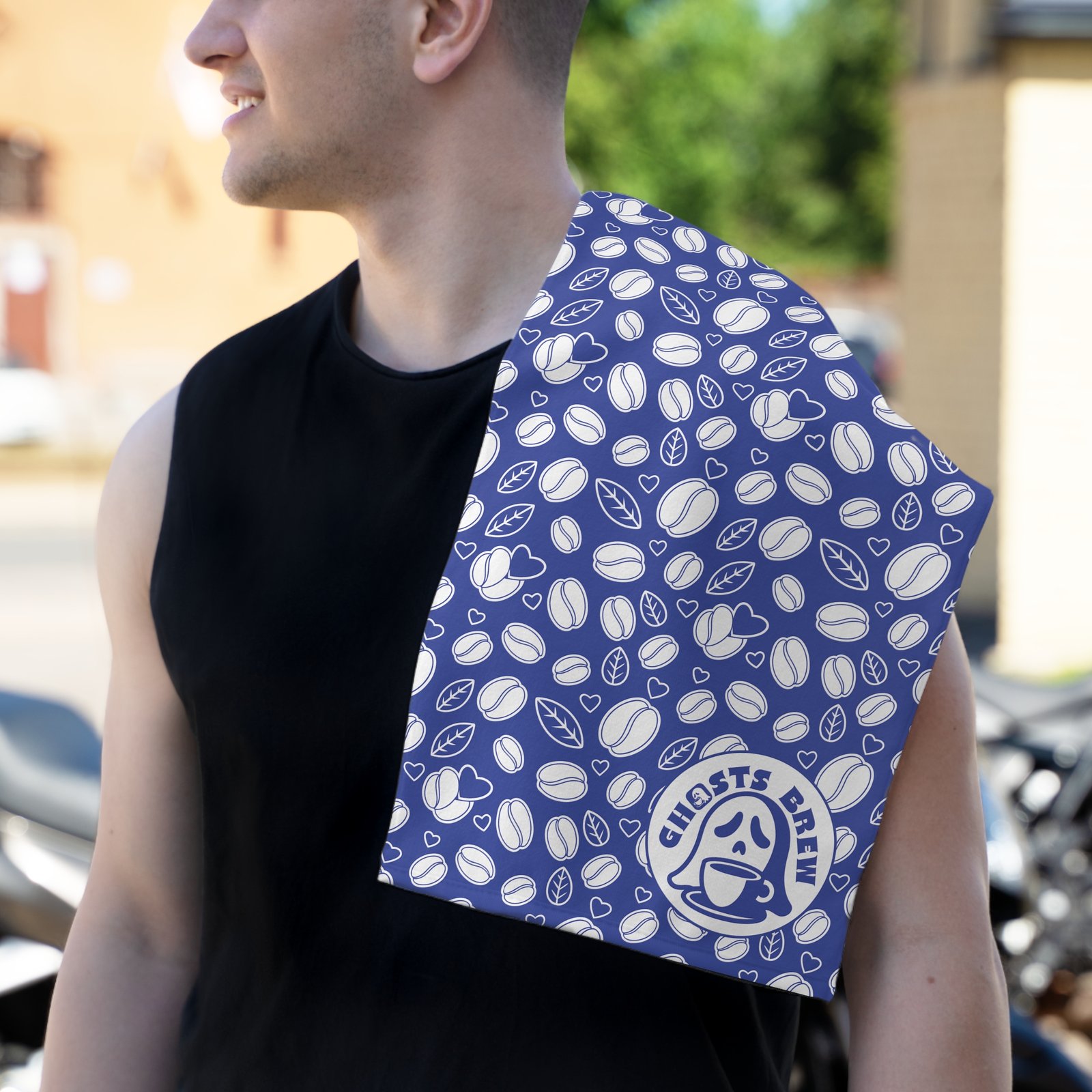 Coffee Beans and Hearts Rally Towel - Blue - Perfect for Baking, Beach Days & Sports Events - Ghosts Brew - Image 4