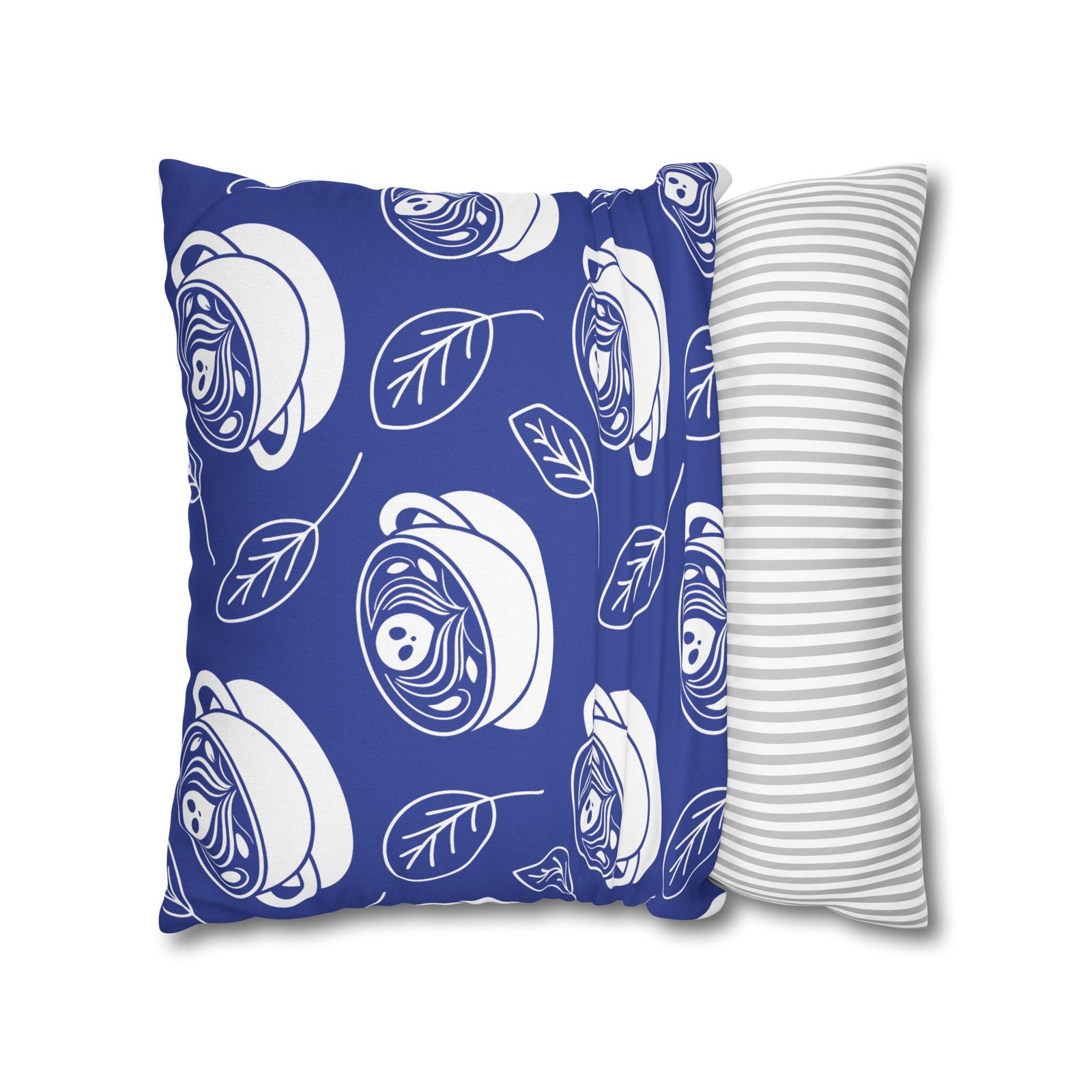 Square Pillowcase - Latte Coffee Cups, Ghosts, Leaves Pattern - Blue and White - For Coffee Lovers - Image 11