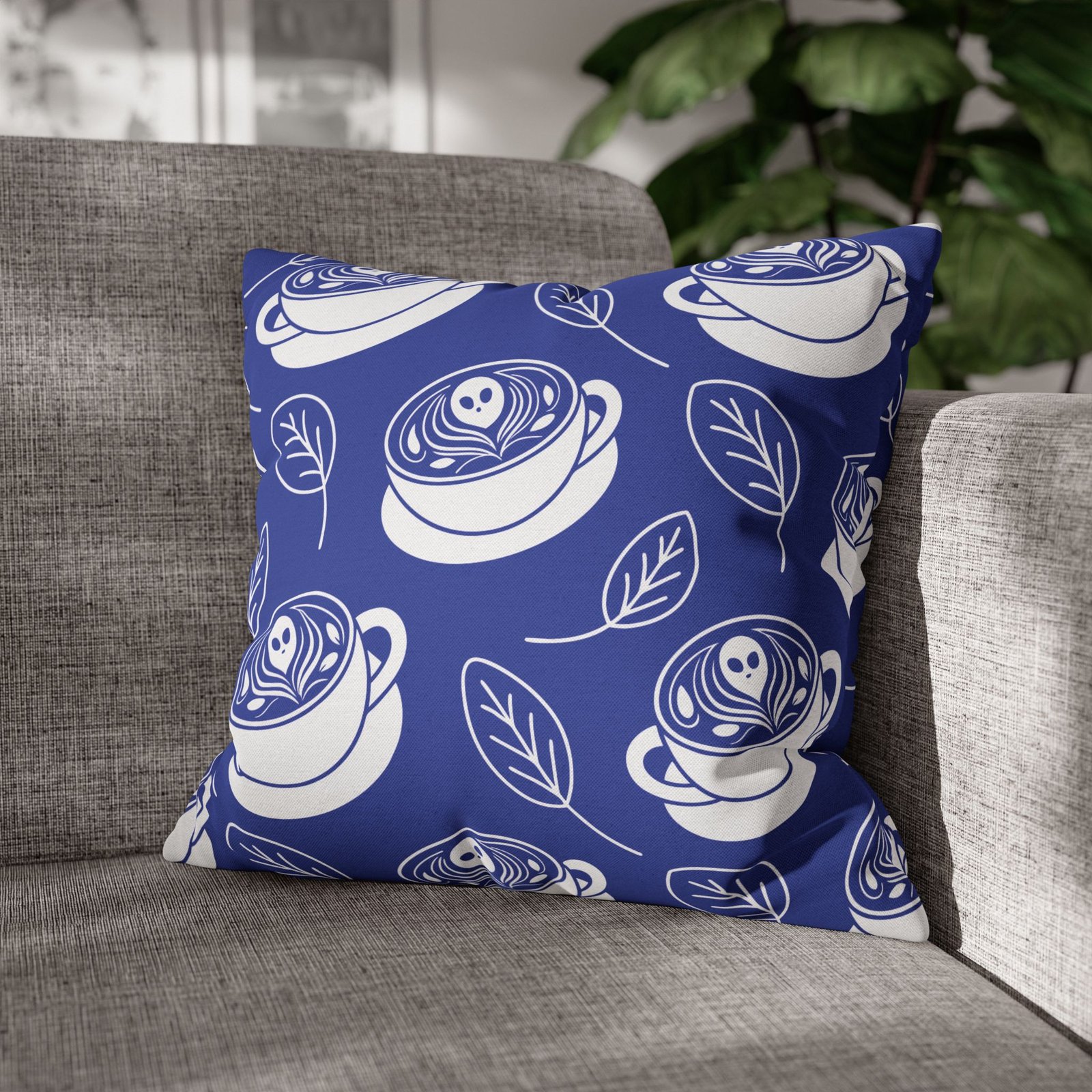 Square Pillowcase - Latte Coffee Cups, Ghosts, Leaves Pattern - Blue and White - For Coffee Lovers - Image 9