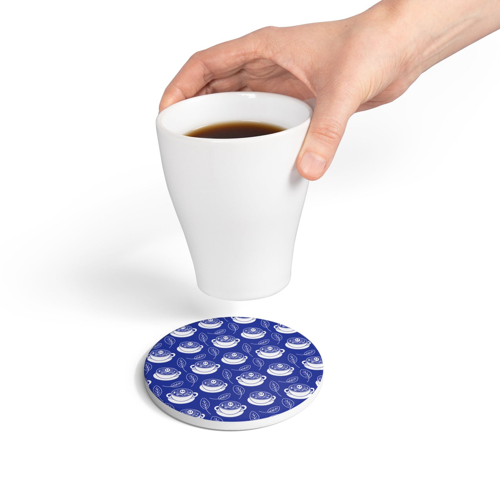 Whimsical Coffee & Tea Ceramic Coaster - Latte Coffee Cups, Ghosts, Leaves Pattern - Perfect for Home & Gifts - Image 4