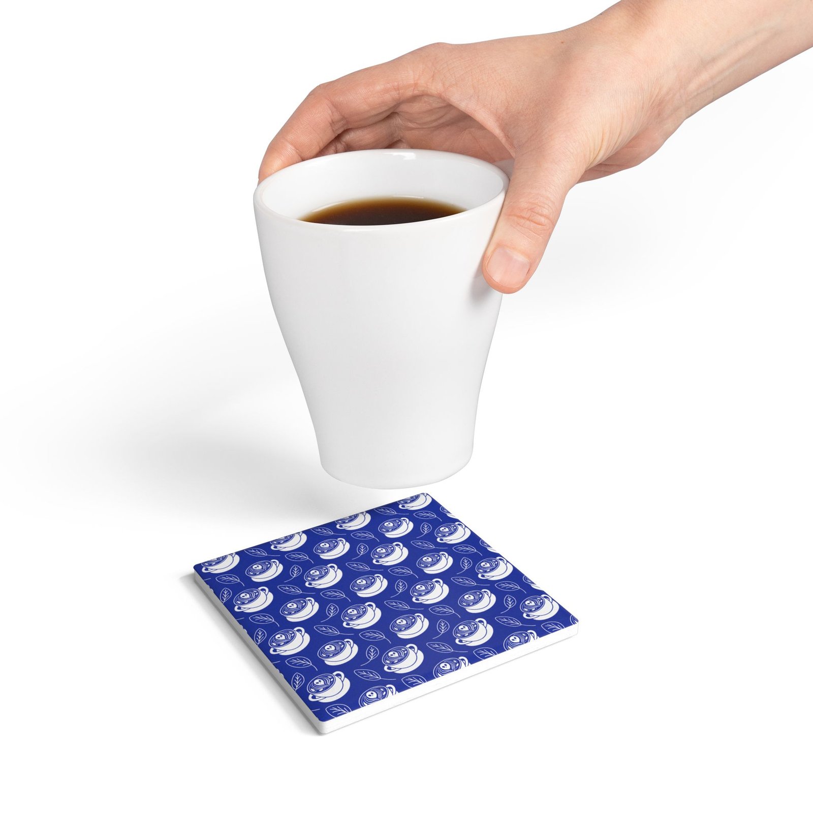 Whimsical Coffee & Tea Ceramic Coaster - Latte Coffee Cups, Ghosts, Leaves Pattern - Perfect for Home & Gifts - Image 9