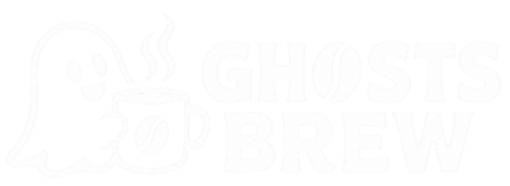Logo for Ghosts Brew, home of frighteningly good coffee and merch.